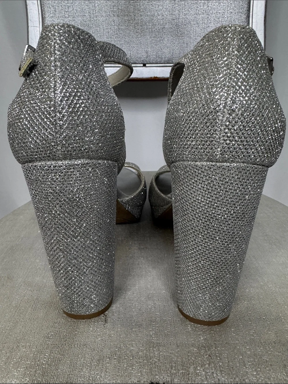 BRASH Silver Glitter Peep-Toe Block Heels with Ankle Strap NWOT Size 91/2